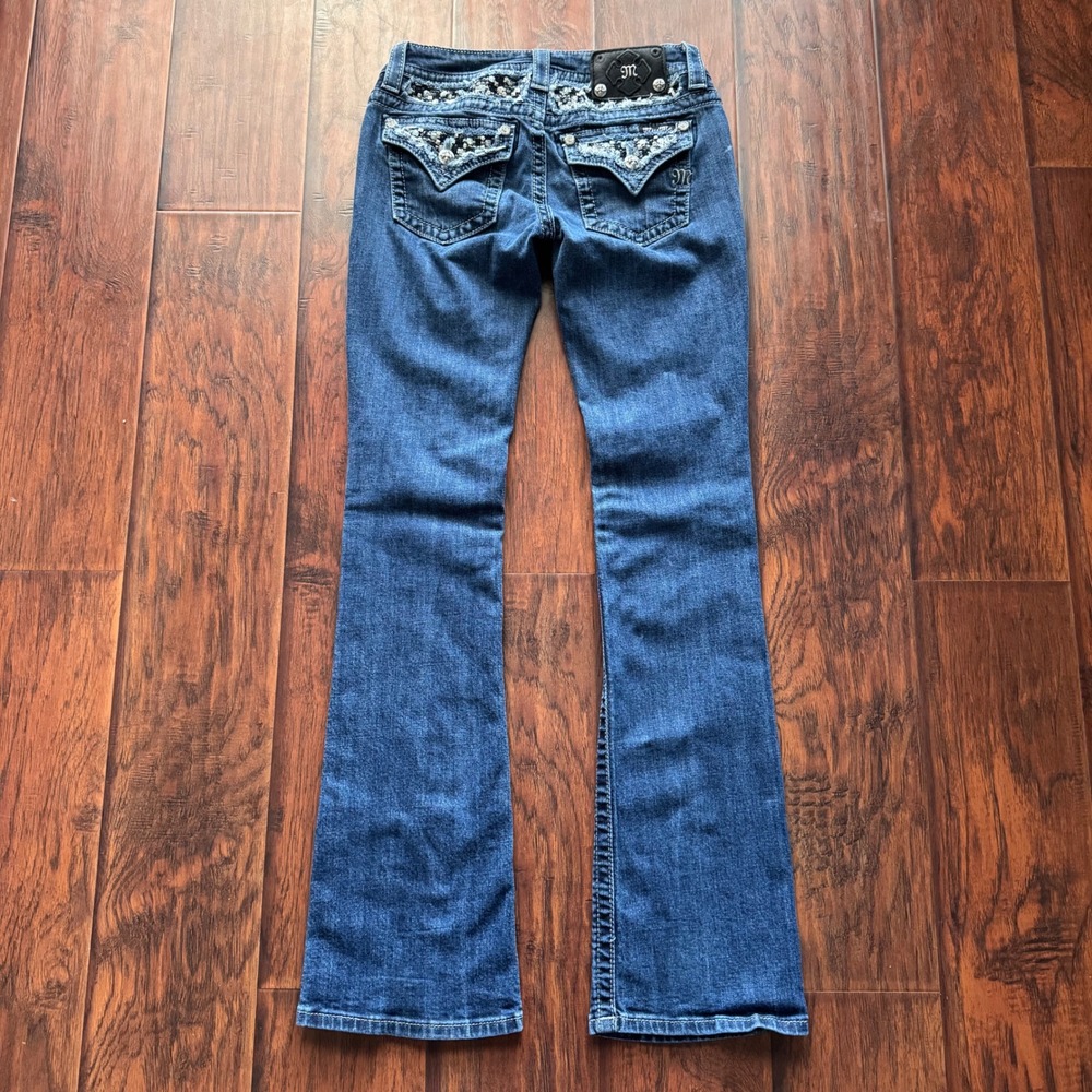Miss Me Signature Bootcut Jeans Womens 27 Sequin Studded Rhinestone Y2K Low Rise - Picture 8 of 16